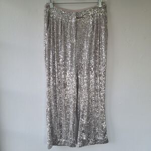Express Sequin Pants Womens Small Silver High Rise Wide Leg Cropped Party Fun